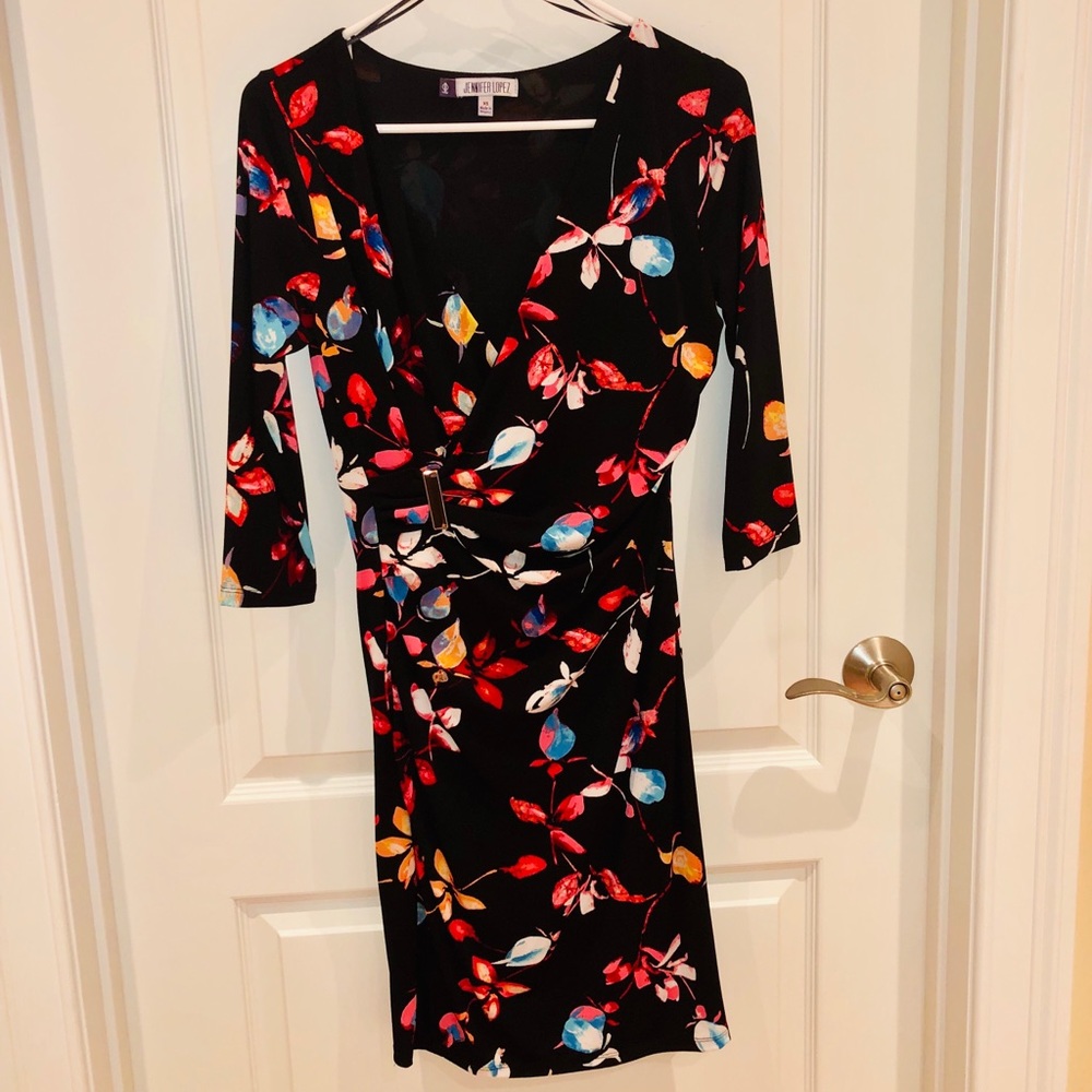 J Lo 3/4 sleeve black and floral dress size XS